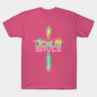 Jesus Saves with Stained Glass Cross T-Shirt